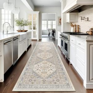 Runner Rug 2x10, Ultra-Thin Kitchen Rugs Non Slip Washable Rugs for Entryway Rug, Kitchen Runner Low Pile Vintage Soft Carpets for Living Room, Bathroom Bedroom (Beige,2'x10')