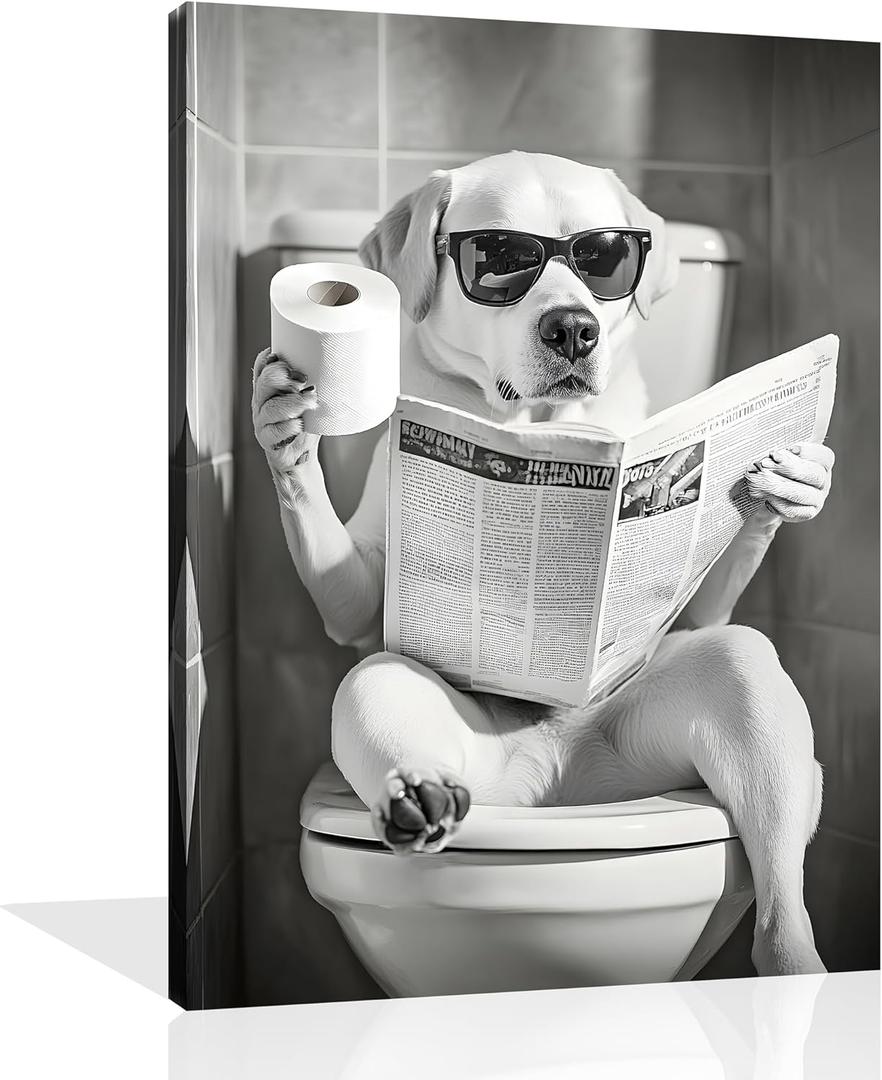 OWNANRTHM Dog on Toilet Canvas Wall Art Funny Animal Bathroom Pictures Funny Labrador Dog Bathroom Poster Black and White Animal Toilet Prints for Restroom Wall Framed 12X16 inch