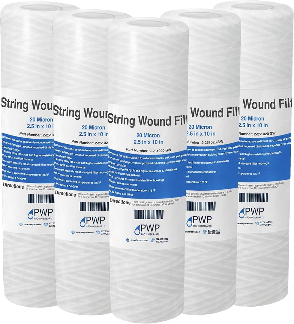 String Wound Sediment Water Filter Cartridge Standard 2.5x10 20 Micron 4 Pack