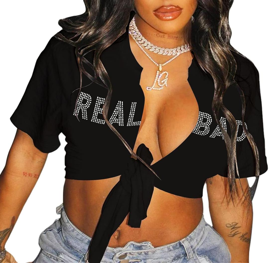 Zoyami Womens Sexy Tie Front Crop Top Tie Dye Summer Short Los Angeles Sleeve Graphic Tee Shirt Clubwear Letter RB Black Extra Large  Zoyami Womens Sexy Tie Front Crop Top Tie Dye Summer Short Los Angeles Sleeve Graphic Tee Shirt Clubwear Letter RB Black Extra Large
