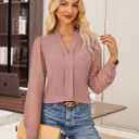 GRACE KARIN Women Business Casual Tops Sheer Lace Long Sleeve Blouses Work Office Pleated V Neck Shirt Fall Formal Outfits (Pink, M)