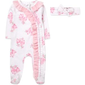 Baby Footie Bodysuit Headband or Hat 2 Piece Set  Christmas Thanksgiving Zip-Up Outfit,Holiday Pajamas for Infants (3 Months, Pink Bows Floral)