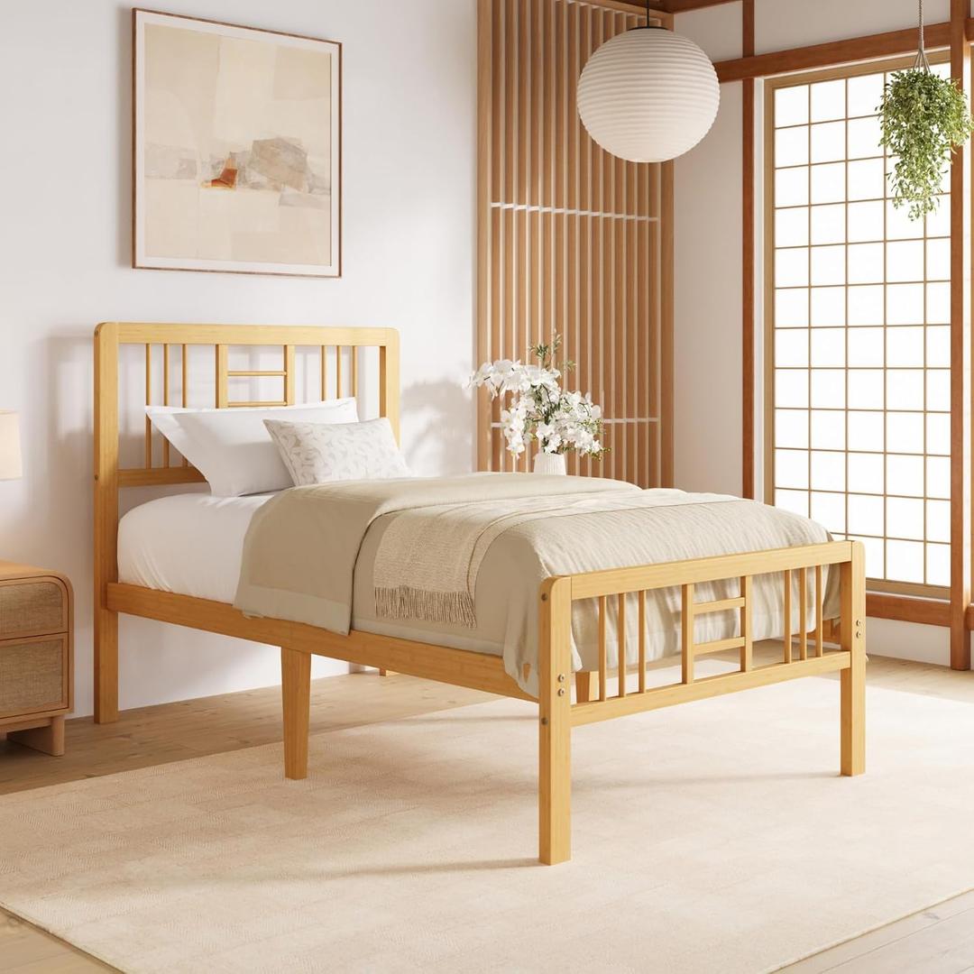 Hunlostten 14 in High Bamboo Wood Twin Bed Frame with Headboard & Footboard, Platform Bed Frame Twin Size with Steel Slats Support, Heavy Duty, No Box Spring Needed, Easy Assembly, Twin 14 Inch