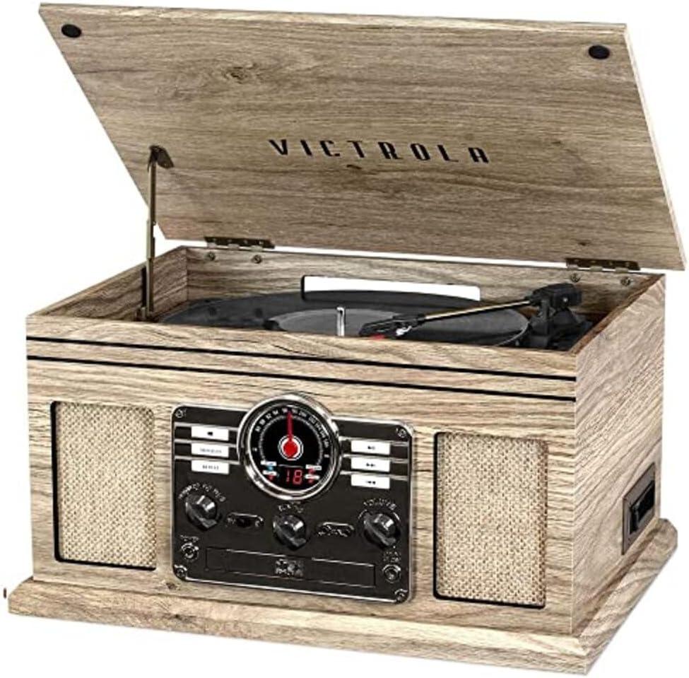 Victrola The Quincy 6-in-1 Bluetooth Record Player & Multimedia Center with Built-in Speakers  3-Speed Turntable, CD & Cassette Player, AM/FM Radio, Wireless Music Streaming (Farmhouse Oatmeal)