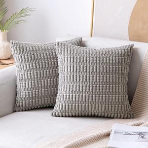 MIULEE Pack of 2 Corduroy Decorative Throw Pillow Covers 24x24 Inch Soft Boho Striped Pillow Covers Modern Farmhouse Home Decor for Sofa Living Room Couch Bed Light Grey