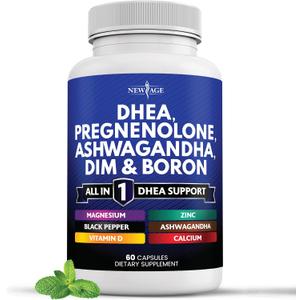NEW AGE DHEA Supplement - Pregnenolone for Men & Women with DIM, Ashwagandha, Boron, Calcium, Magnesium, Zinc, Vitamin D3 5000iu - Support Capsules - 60 Count, Expiry: 10/2027
