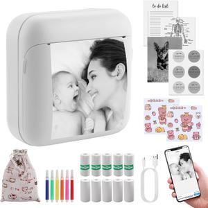 eSynic Portable Mini Sticker Printer-1200mAh Rechargeable Battery-Bluetooth Mini Printer-Lnkless Printing-Easy to Setup-5 Roll Adhesive & 5 Thermal Paper-6*Color Pen-for DIY/Photos/Study