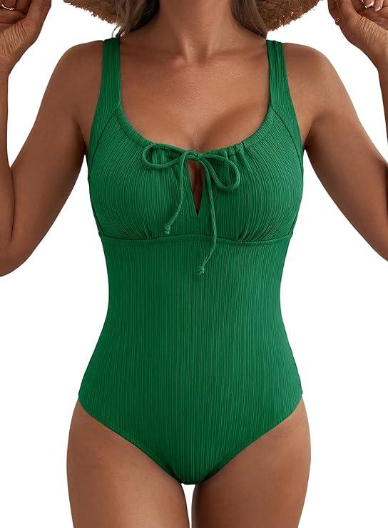 Aleumdr Womens Textured One Piece Swimsuit Tummy Control Bathing Suit Tie Knot Cutout Swimwear M Size