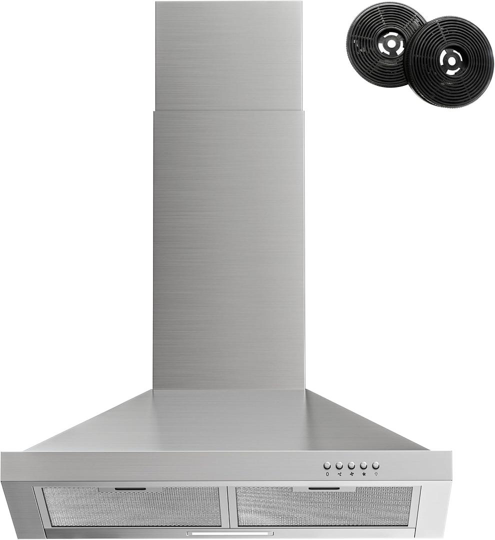 FIREGAS Range Hood 24 inch Wall Mount Type with Ducted/Ductless Convertible, 450 CFM Stainless Steel Chimney-Style Kitchen Hood, Over Stove Vent Hood with 3 Speed Fan, Charcoal Filters