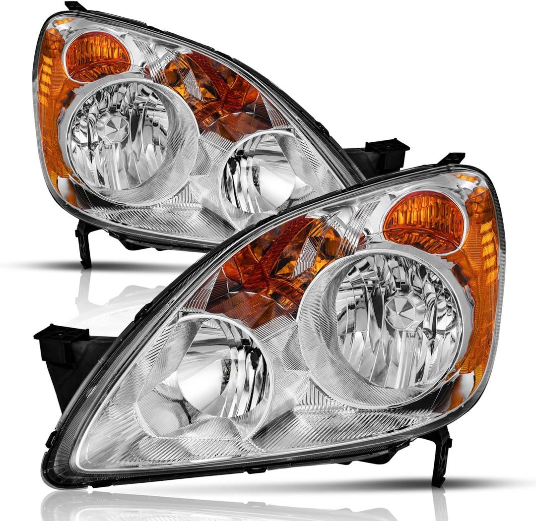 WEELMOTO for 2005-2006 Honda CR-V 4-Door Sport Utility Headlights for 2005 2006 Honda CRV Pair Headlamp Chrome Housing Amber Reflector Left+Right Side