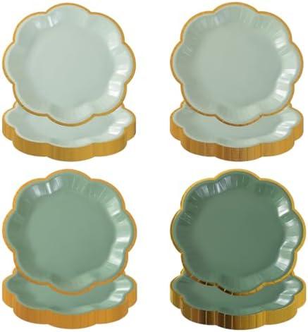 zjdbset 48 Pcs Sage Green Paper Plates Disposable Gradient Green Dessert Paper Plate Gold Foil Scalloped Edge Disposable Cake Plates for Birthday Baby Shower Wedding Party(7 Inches)