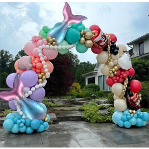 Mermaid Pirate Party Decorations, 157pcs Pastel Pink Red Black Balloons with Inflatable Pirate Ship Tail Balloons for Birthday Gender Reveal Baby Shower Sea Sailing Little Mermaid Ocean Party Favors