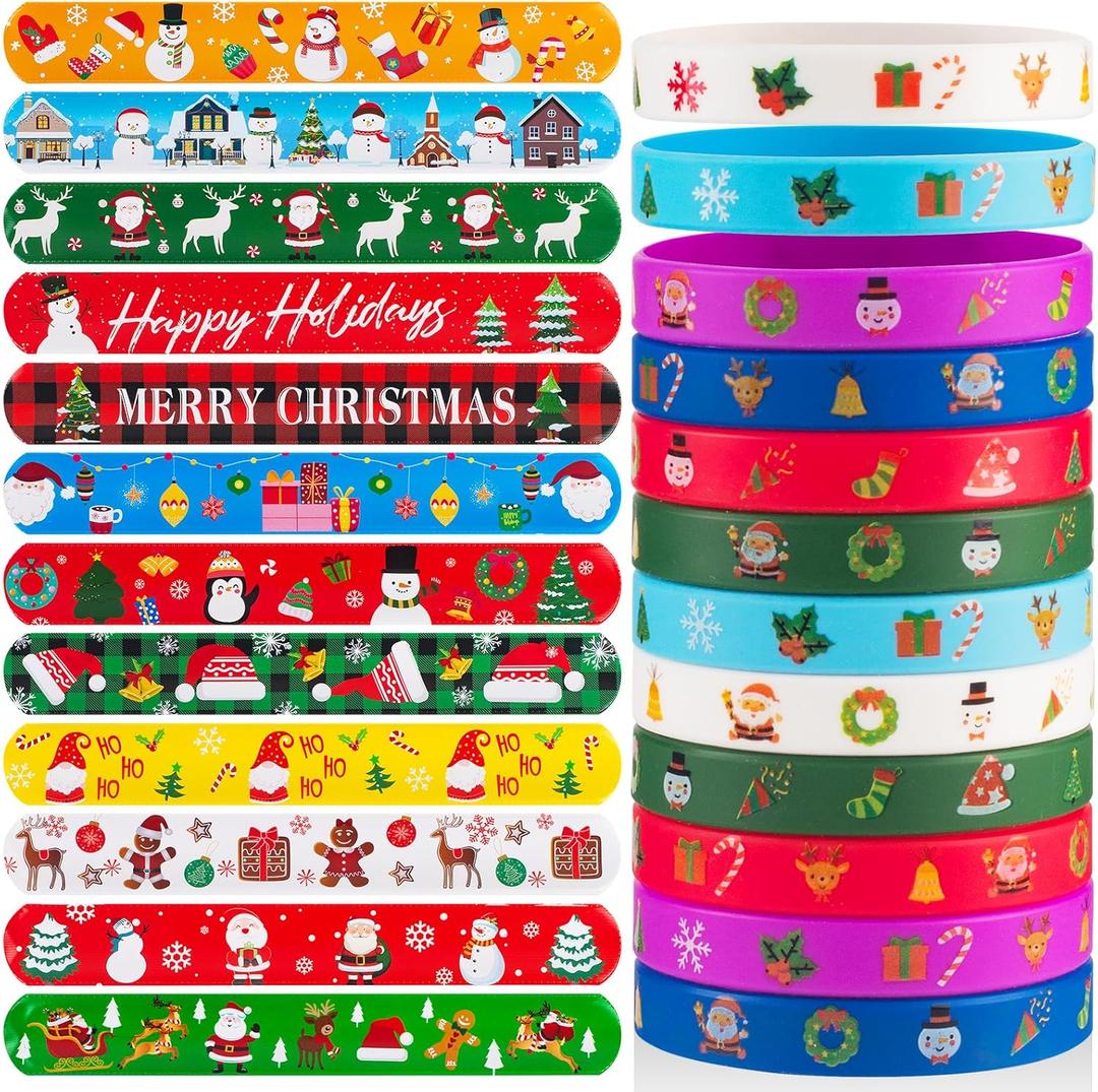 48 PCS Christmas Slap and Rubber Bracelets for Kids Holiday Party Favors Bracelets Silicone Wristbands for Birthday Party Supplies Boys and Girls'Santa Gifts Xmas Stocking Stufers