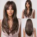 HAIRCUBE Brown Wigs for Women,Long Layered Brown with Highlight Wigs with Bangs Heat Resistant Synthetic Fibre Wigs