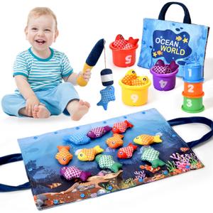 Montessori Toys for 1 Year Old - 20PCS Cloth Toddler Fishing Game with Stacking Cups,Baby Color Sorting Toy 12-18 Months One Year Old Birthday Gift,Best Easter Gifts for 1-3 Year Olds (Blue)