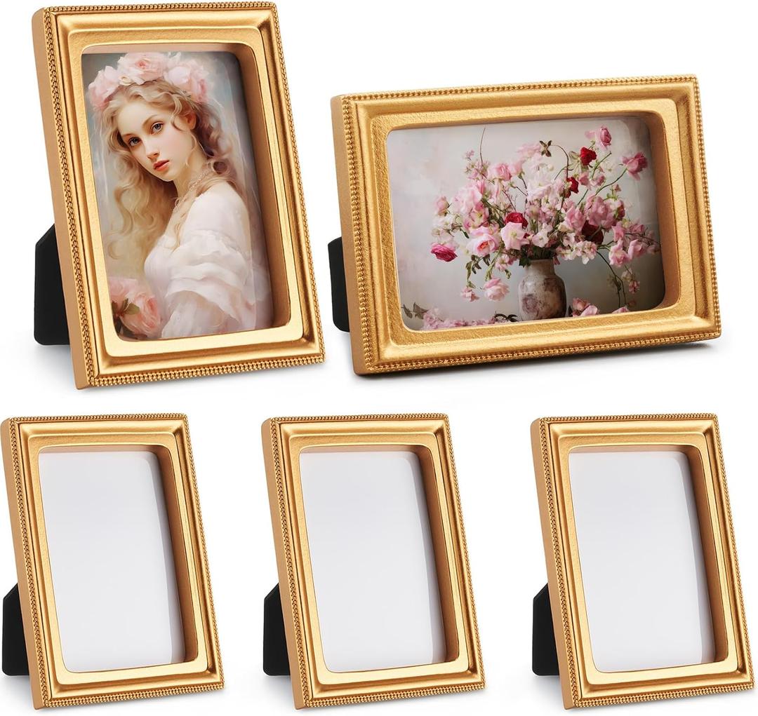 AceOrbit 5 Pcs 2x3 Inch Mini Gold Picture Frames for Wedding Small Victorian Vintage Antique Ornate Retro Baroque Photo Frame Pack with Backboard for Wall Hanging Tabletop Display Decor (Rectangle)