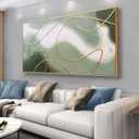 Abstract Wall Art Minimalism Green White and Gold Lines Boho Canvas Wall Decor Framed Artwork Modern Home Wall Decor for Living Room Bedroom Office 29"x58"