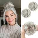 SARLA 2PCS Messy Hair Bun Hair Pieces Wavy Curly Synthetic Updo Fake Scrunchies Ponytail Extension for Women Grey Multi