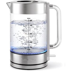 OVENTE Electric Kettle, 1.8L Tea Kettle Cordless with Borosilicate Glass Water Boiler, Stainless Steel Base, Acrylic Handle, 1500W Fast Boil Electric Kettle, Easy Fill Lid, Auto Shutoff, Silver KG911S