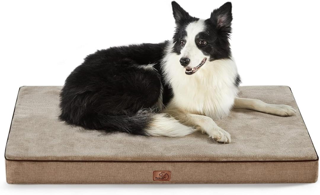 Bedsure Memory Foam Dog Beds Large Sized Dog - Orthopedic Pet Beds for Crate with Removable Washable Cover and Nonskid Bottom, Plush Flannel Fleece Top Pet Mat, Khaki (35"L x 22"W x 3"Th)