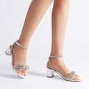 DREAM PAIRS Women's Double Bowknots Crystal Sandals Low Chunky Heels Clear Slingback Dress Shoes for Wedding Bridal Party (White) 7.5