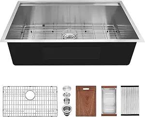 30 inch Undermount Workstation Sink, Stainless Steel Undermount Kitchen Sink 18 Gauge, Handmade Modern Single Bowl Kitchen Sink with Integrated Ledge and Accessories (Pack of 5)