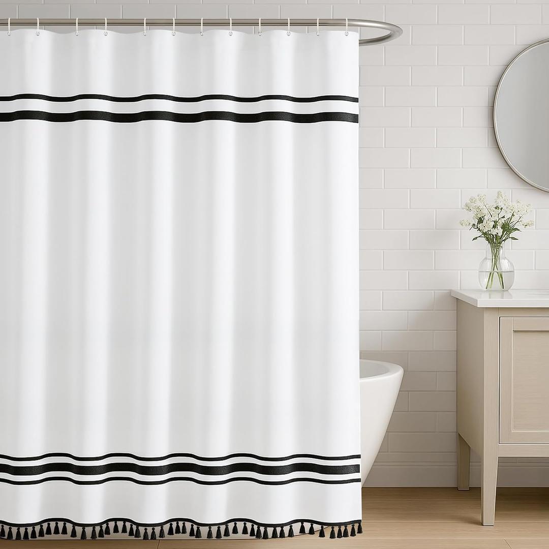 Seasonwood Black and White Shower Curtain 78-Inch Striped Shower Curtain for Bathroom Sets with Tassels Farmhouse Extra Long Shower Curtains Fabric 72"x78"