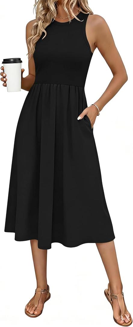Naggoo Women's Sleeveless Dress Summer Casual Flowy Sundress Knit Tank Top Racerback Midi Dresses Pockets (Medium, Black)