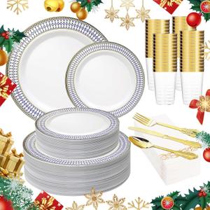 MENDENG 350pcs Plastic Plates for Party Plates Disposable Heavy Duty Platos Desechables Elegantes for Wedding Reception Thanksgiving Christmas Plates and Cups and Napkins and Gold Cutlery Sets