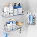 TAILI Shower Caddy Suction Cup, 3 Pack Shelves for Inside with Hooks & Soap Holder Toothbrush Cups, Removable Bathroom Organizer, Rustproof Silver Storage-Silver