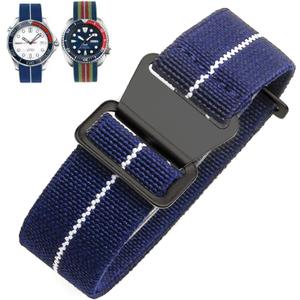 Elastic Nylon Watch Band French Troops Paratrooper Military Parachute Style 18mm 20mm 22mm Hook-and-Loop Premium Striped Fabric Nylon Replacement Watch Strap for Men Women (Blue White(Black Buckle))
