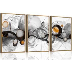 OIQArtOIQ 3 Piece Large Abstract Canvas Wall Art For Living Room Grey and Gold Framed Wall Art Fluid Lines Minimalist Modern Aesthetic Art Prints Artwork For Bedroom Office Dining Room 24x36 in (Black Circle)