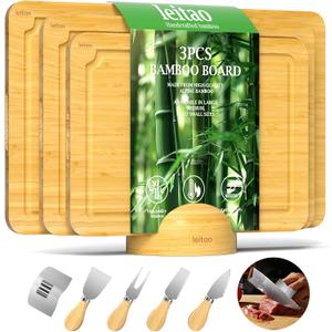 Bamboo Cutting Boards For Kitchen, Chopping Boards Set with Juice Groove, Charcuterie & Chopping Board, Wood Cutting Board Set, Kitchen Gadgets (3PCS)