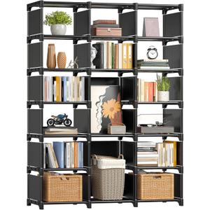 REIBII Book Shelf, 16 Cube Storage Organizers, Tall DIY Book Case for Bedroom, Office, Living Room, Closet, 12" D x 47.24" W x 70.86" H, Black
