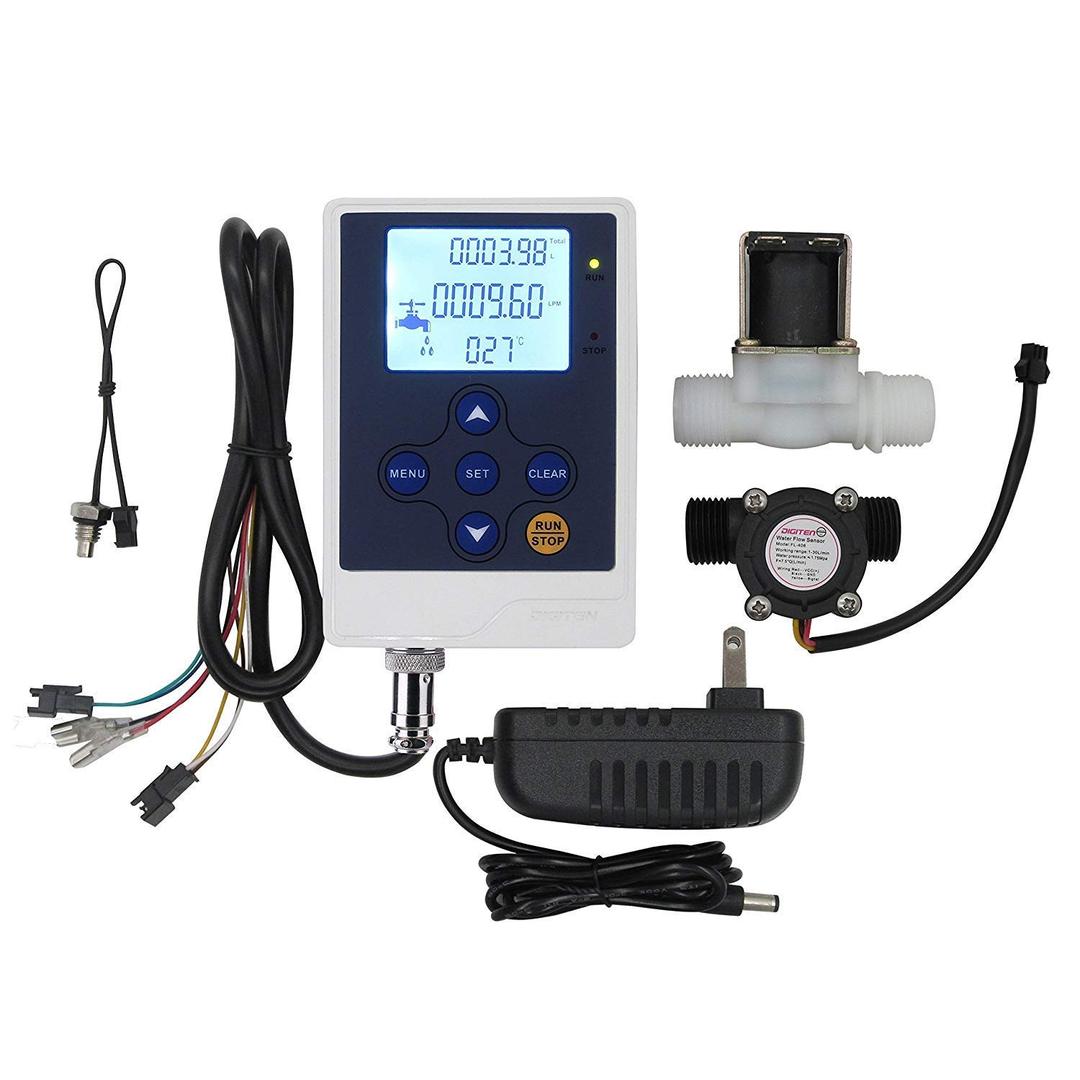 DIGITEN Water Flow Control Meter LCD Display Controller+G1/2" Water Hall Sensor Flow Meter Flowmeter Counter 1-30L/min+G1/2" Solenoid Valve Normally Closed N/C+DC 12V Power Adapter
