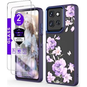 for Motorola Moto G Power 5G 2025 Case+Tempered Glass Screen Protector, Military Grade Protective Slim Soft TPU+Hard PC,Girls Women Crystal Clear Flower Pattern Case Cover (Deep Purple), Pack of 2