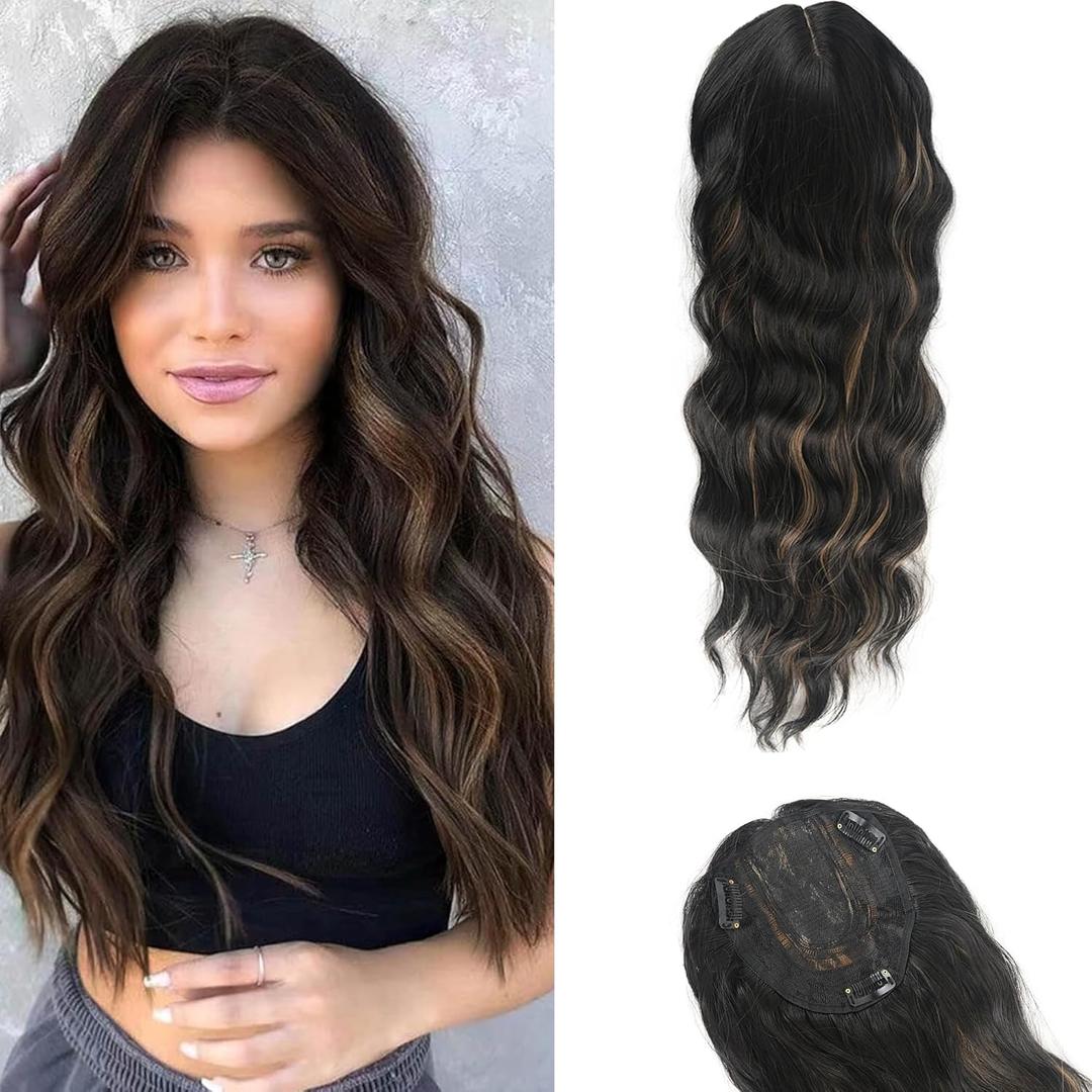onemily Hair Toppers for Women 20 Inch Long Curly Hair Topper with Highlights Clip In Hair Topper Add Hair Volume Synthetic Wiglets Hair Pieces For WomenBlack