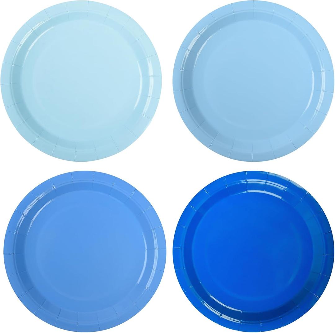 Blue Gradient Blue Party Plates 7'Disposable Round Dessert Plates for Birthday Wedding Bridal Engagement Baby Shower Party Supplies 48