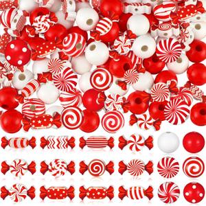 Misdary 200 Pcs Christmas Peppermint Candy Beads Red and White Peppermint Candy Shaped Round Christmas Wooden Beads for Crafts DIY Jewelry Making Xmas Home Decor