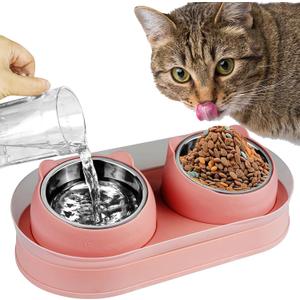 Elevated Cat Food Bowls, Raised Cat Bowl with Stand Stainless Steel, Tilted Bowls Anti Vomiting, Double Cats Food and Water Bowl Set for Cats (Pink)