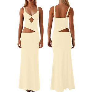 ISZPLUSH Womens Cocktail Maxi Dress V Neck Cut Out Sleeveless Backless Spaghetti Strapless Party Streetwear Long Dress (X-Small Tall, Light Yellow)