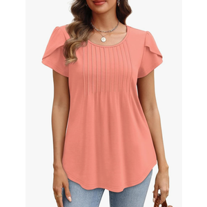 OFEEFAN Womens Tops Tulip Short Sleeve Blouses Pleated Front Summer Beach Vacation Outfits L Pink