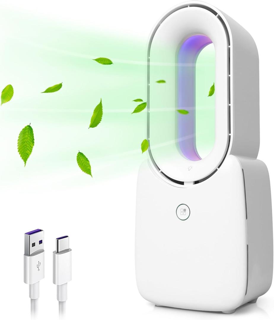 CONBOLA Desk Fan, Bladeless Fan 11.8 inch Small Personal Cooling Fan with 5 Colors LED Light, Touch Control, Quiet Table Fan for Bedroom, Home, Office (pearl)