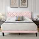 Full Bed Frame with Headboard, Bed Frame Full Size with Sturdy Wooden Slats Support, Platform Frame with Velvet Upholstered Headboard, Mattress Foundation, Easy Assembly, No Box Spring Needed Pink