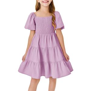 Batermoon Girls Boho Square Neck Puff Sleeve Off Shoulder Smocked Tiered Casual A Line Short Mini Dress Purple, Size 150