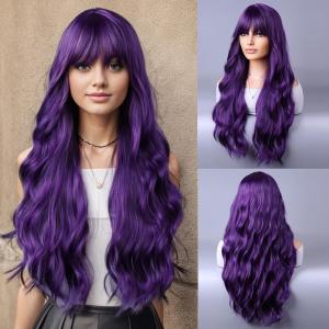 BERON 26 Inches Purple Wig Long Curly Dark Purple Wig with Bangs for Women Daily Party Hairnet Include