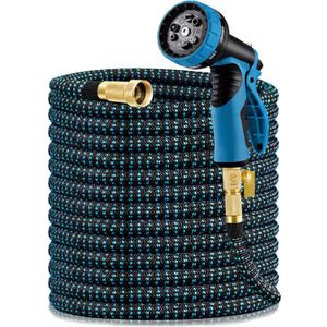 Garden Hose 100FT, Expandable Water Hoses Flexible Lightweight Hose With 3/4 Inch Solid Brass Fittings and 9 Function Nozzle Sprayer, Black and Blue