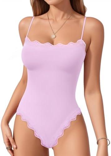 MANGOPOP Women's Cami Thong Bodysuit Double Lined Square Neck Backless Body Suit Adjustable Spaghetti Strap Tank Tops, M