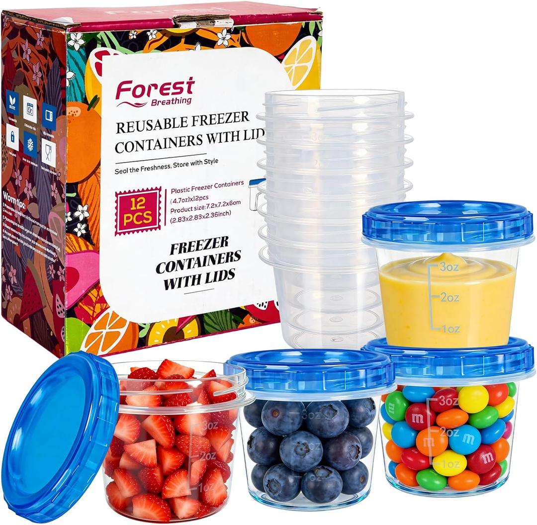 12 Pack 4oz Small Freezer Storage Containers with Twist Top Lids Airtight, Mini Reusable Plastic Food Storage Containers with Lids for Snack Condiment Salad Dressings Sauces Soup, Condiment Sauce Cups