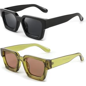 FEISEDY Retro 90s Square Sunglasses for Women Men Trendy Chunky Rectangle Sunglasses UV400 Protection B2385 (2pcs - Balck + Transparent Green / Tea)